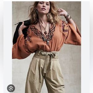 Free People Terracotta Embroidered Blouse